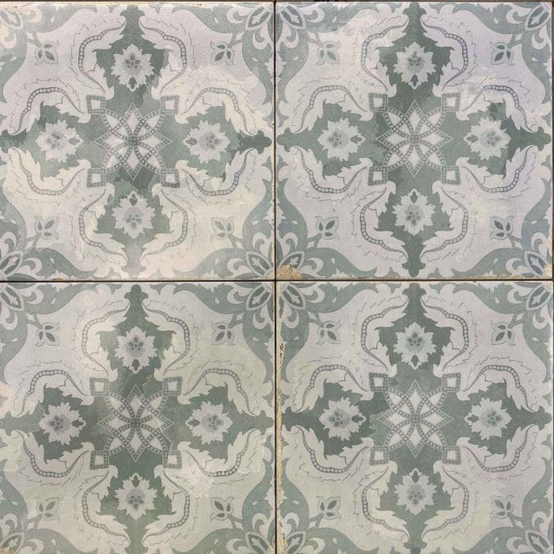 200 × 200 mm Retro Light Green and White Matt Floral Patterned Non Rectified Glazed Porcelain Wall & Floor Tile 3451 