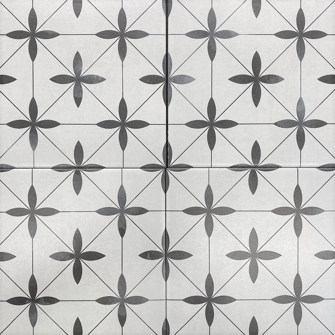 200 × 200 m Retro White and Charcoal Leaf Pattern Matt Non-Rectified Glazed Porcelain Wall & Floor Tile 3453 